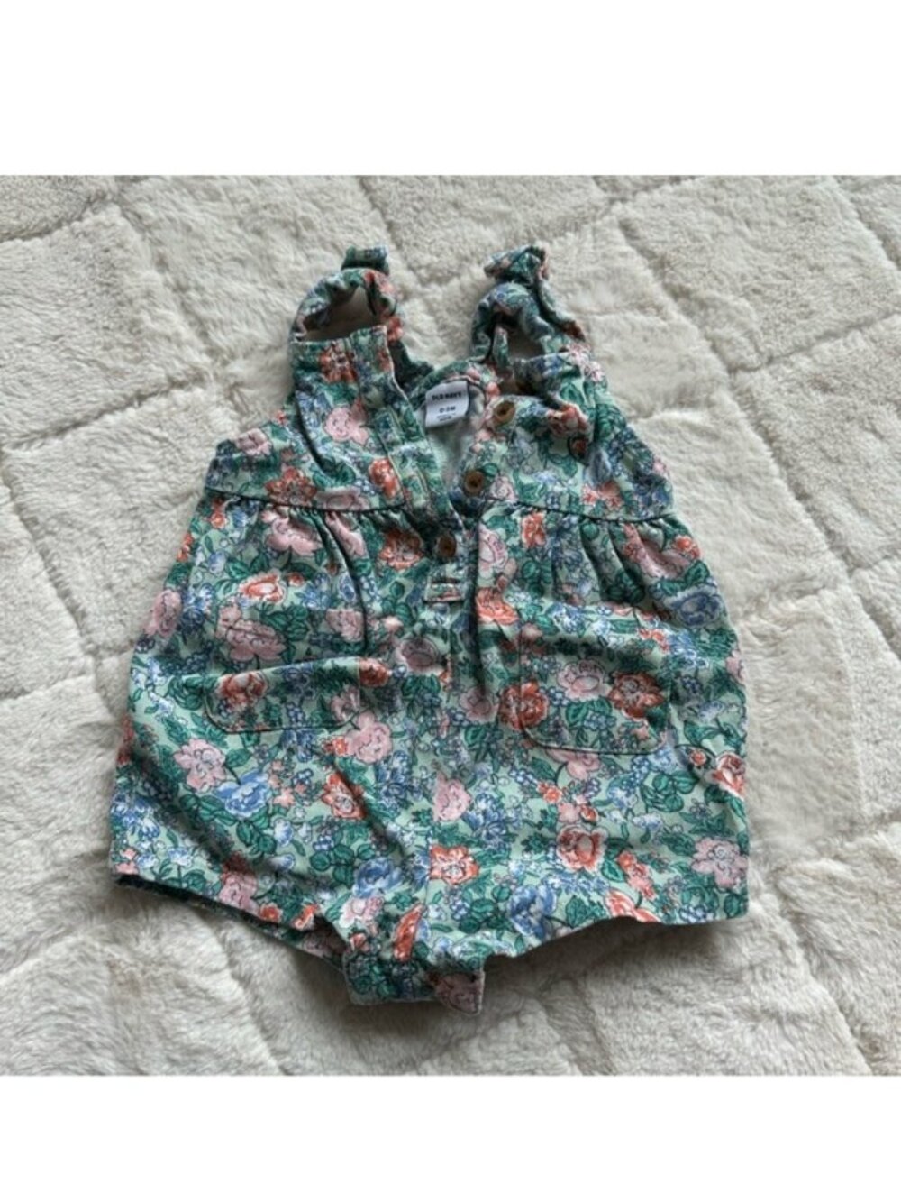 Old Navy | Green and Pink Floral Ruffle Overalls | Size 0-3 Months - Picture 2 of 11
